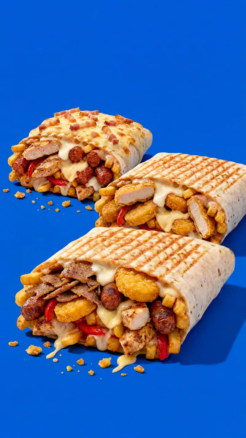 Un French Tacos coupé en deux, la garniture et le fromage fondu visibles
